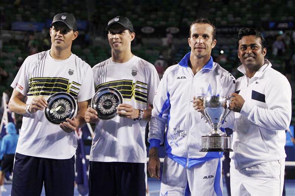 Leander Paes and Radek Stepanek (right) defeated Bob Bryan and Mike Bryan (left) to win Australian Open 2012 Men's Doubles Championship