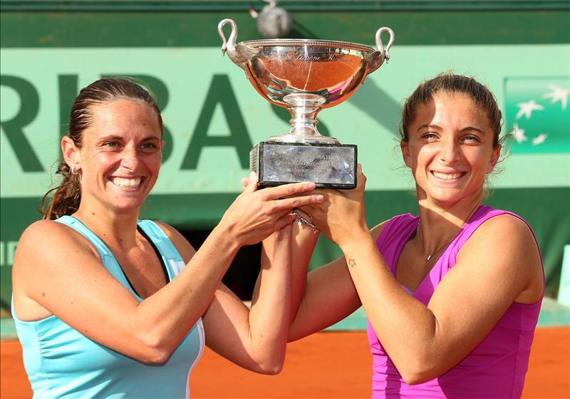 Roberta Vinci and Sara Errani with French Open 2012 Women's Doubles Trophy