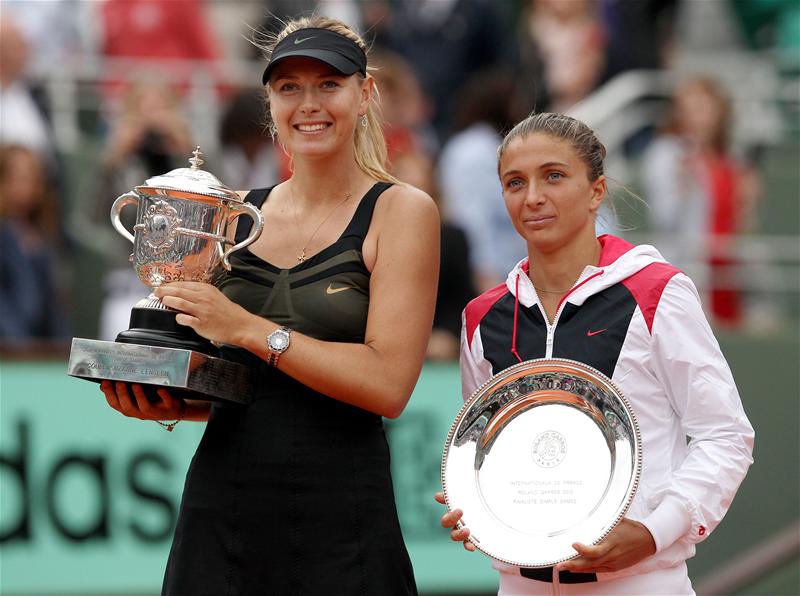 Maria Sharapova and Sara Errani with French Open 2012 Trophies